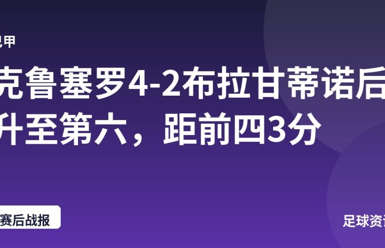 克鲁塞罗4-2布拉甘蒂诺后升至第六，距前四3分