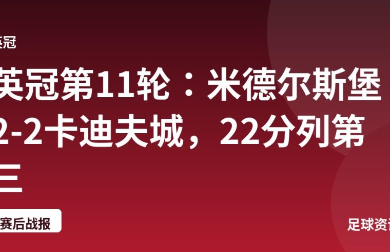 英冠第11轮：米德尔斯堡2-2卡迪夫城，22分列第三