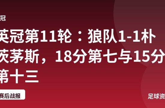 英冠第11轮:狼队1-1朴茨茅斯,18分第七与15分第十三